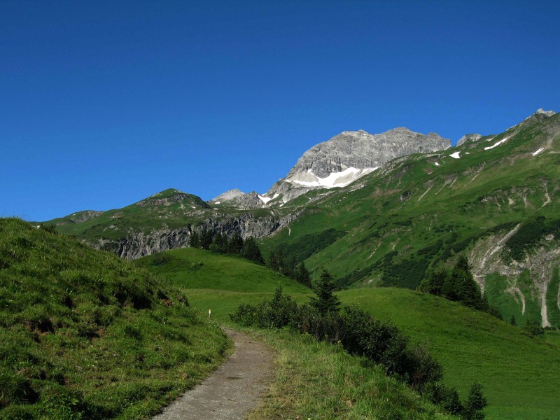 Sensationeller Trail zwischen Auenfeldsattel und Oberlech. Hier der Blick zur Mohnenfluh.